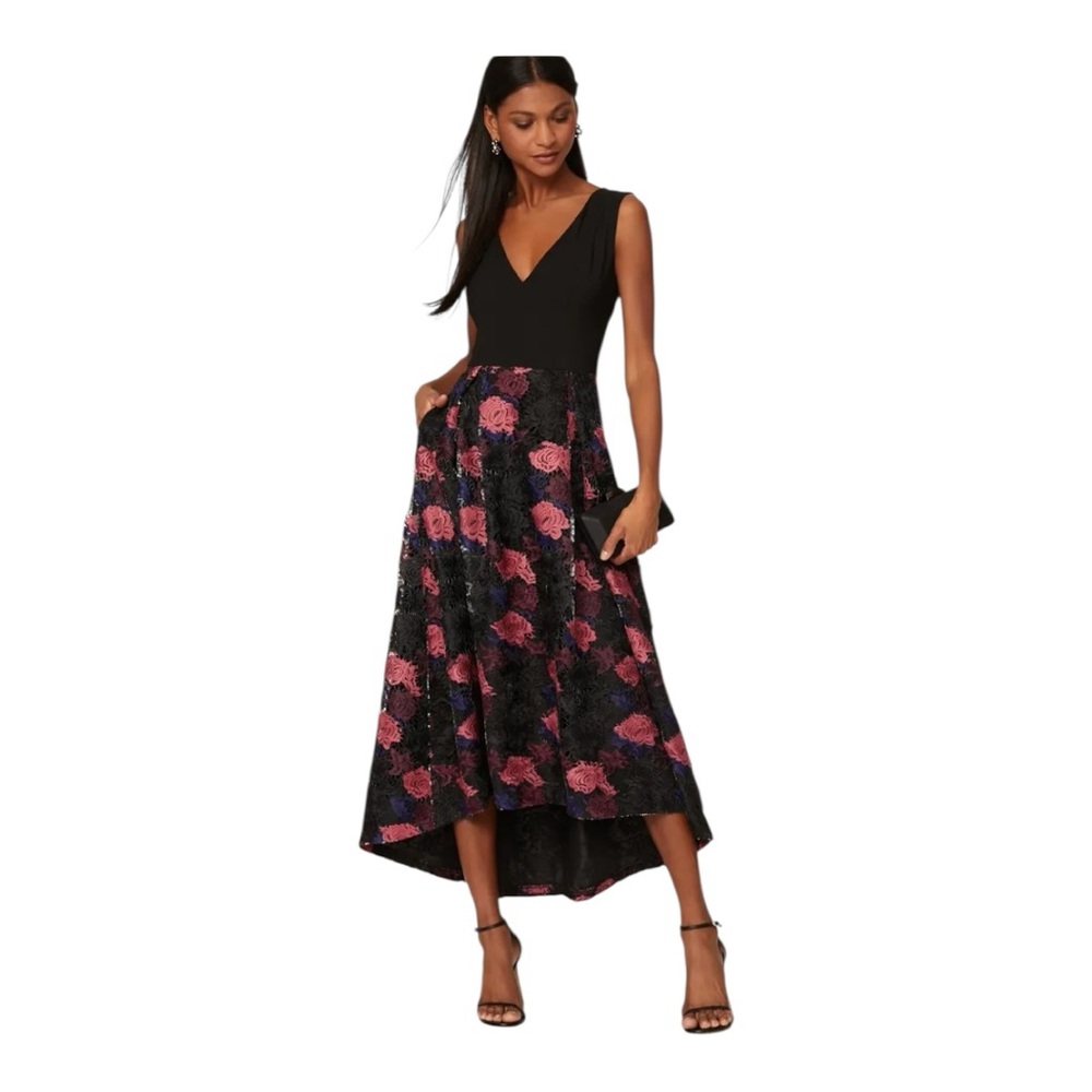 Hutch Black V-Neck High-Low Dress with Pink Floral Skirt